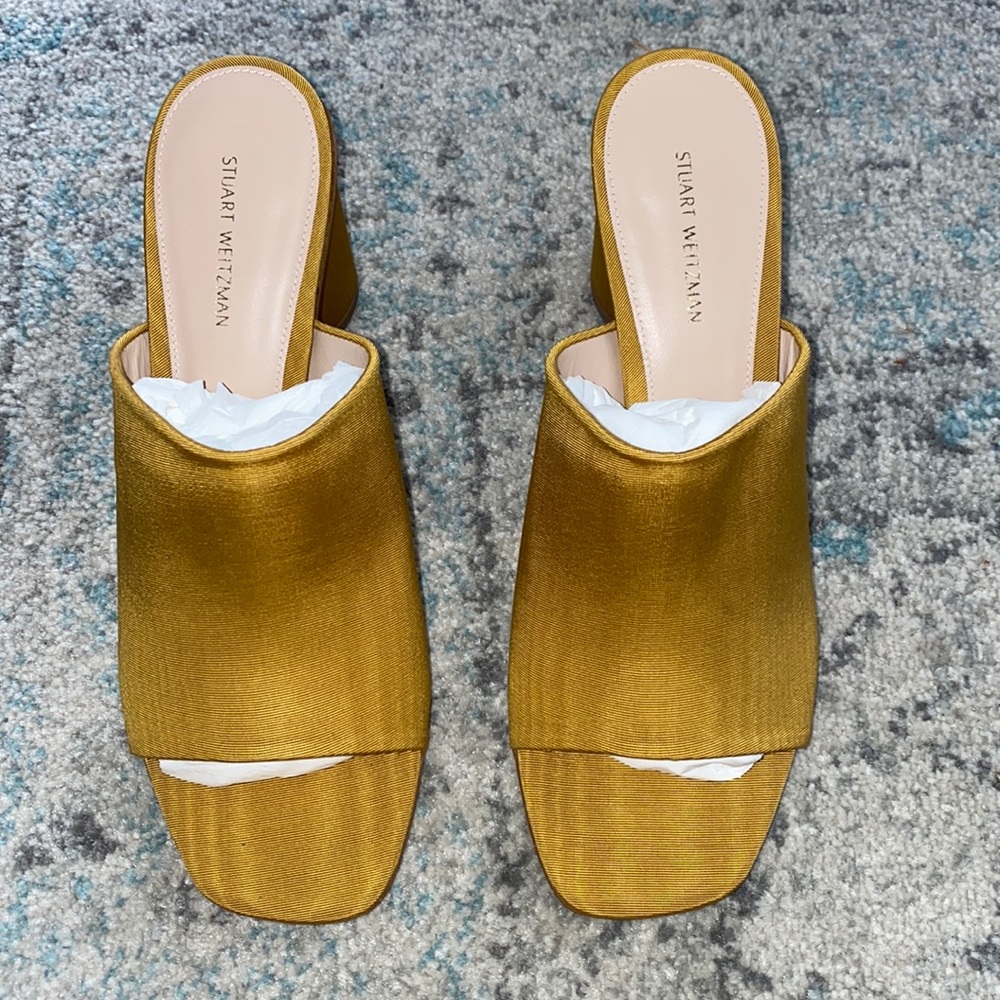 Stuart Weitzman Gold Block Heel Sandals (size 7.5 wide)
